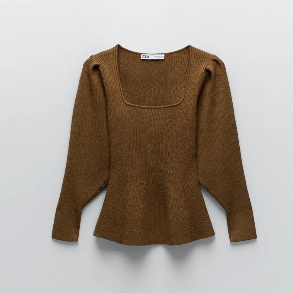 Zara brown square neck knit sweater top size medium fitted bohemian puff sleeve - Picture 11 of 14